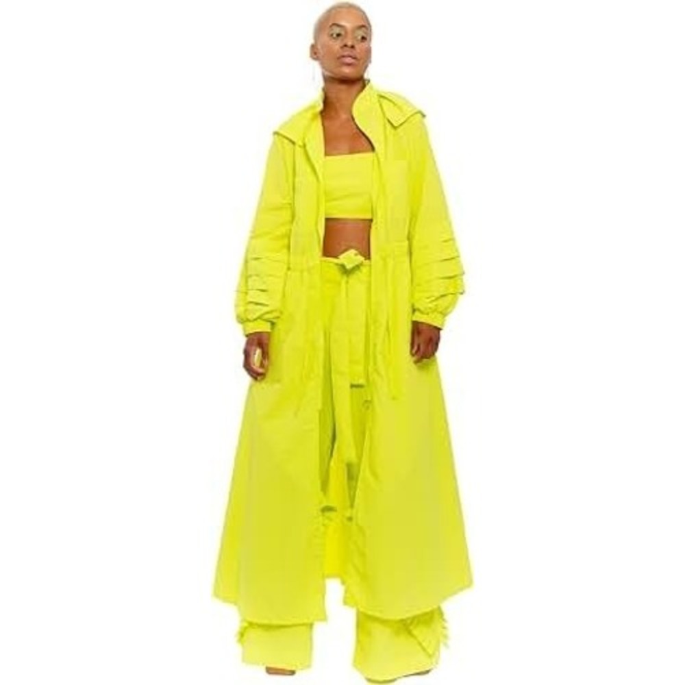 CHAOUICHE Neon Yellow Utility Maxi Dress Cargo Pockets Hooded Long Sleeve NEW